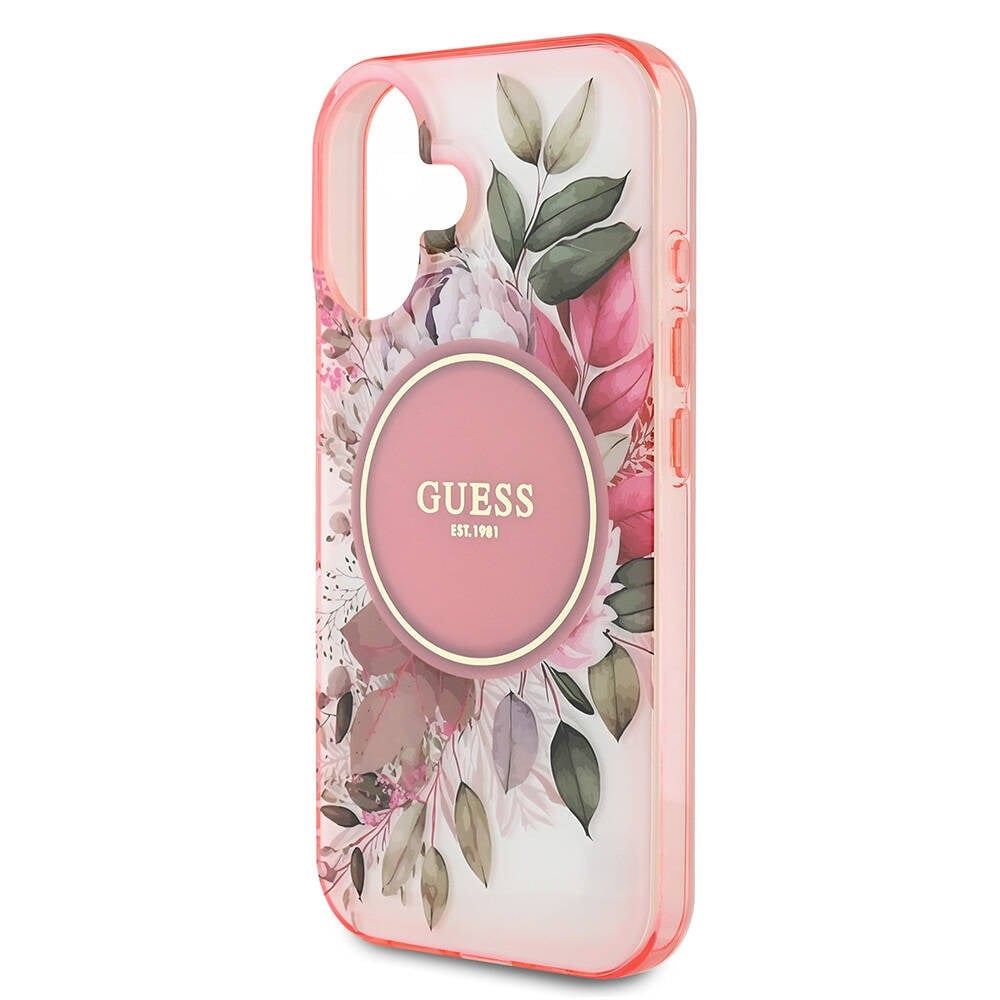 Apple iPhone 16 Kılıf Guess Orjinal Lisanslı M-safe Şarj Özellikli IML Baskılı Yazı Logolu Flower Tonal Circle Kapak