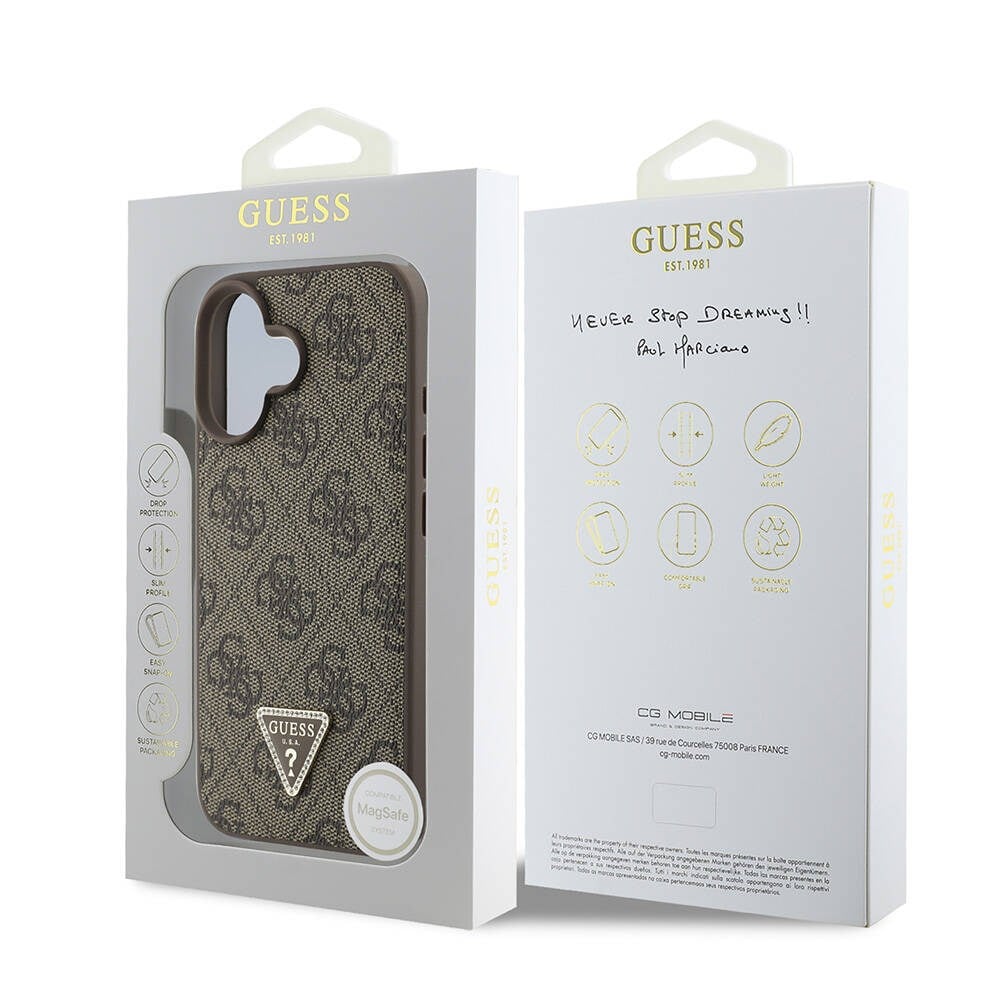 Apple iPhone 16 Kılıf Guess Orjinal Lisanslı M-safe Şarj Özellikli PU Deri 4G Desenli Taşlı Üçgen Logolu Kapak