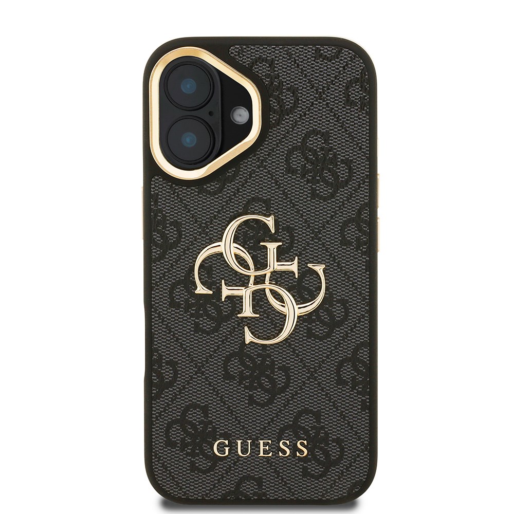 Apple iPhone 16 Kılıf Guess Orjinal Lisanslı PU Deri 4G Desenli Metal Büyük 4G ve Yazı Logolu Kamera Standlı Kapak