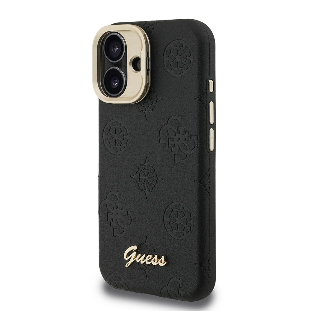 Apple iPhone 16 Kılıf Guess Orjinal Lisanslı M-safe Şarj Özellikli Sıcak Baskılı Yazı Logolu Kamera Standlı PU Deri Peony Kapak