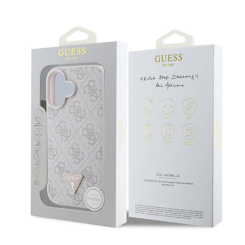Apple iPhone 16 Kılıf Guess Orjinal Lisanslı M-safe Şarj Özellikli PU Deri 4G Desenli Taşlı Üçgen Logolu Kapak