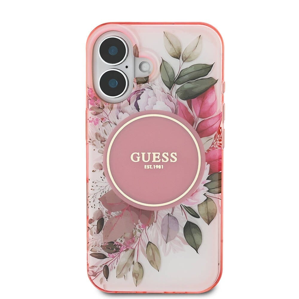 Apple iPhone 16 Kılıf Guess Orjinal Lisanslı M-safe Şarj Özellikli IML Baskılı Yazı Logolu Flower Tonal Circle Kapak