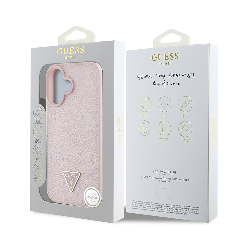 Apple iPhone 16 Kılıf Guess Orjinal Lisanslı M-safe Şarj Özellikli Sıcak Baskılı Üçgen Logolu PU Deri Peony Kapak