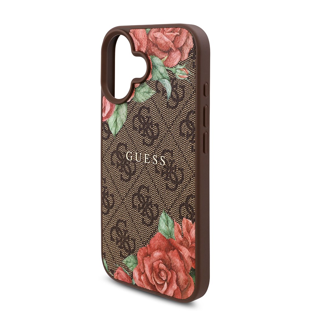Apple iPhone 16 Kılıf Guess Orjinal Lisanslı M-safe Şarj Özellikli Gül Baskılı 4G Desenli Yazı Logolu Kapak