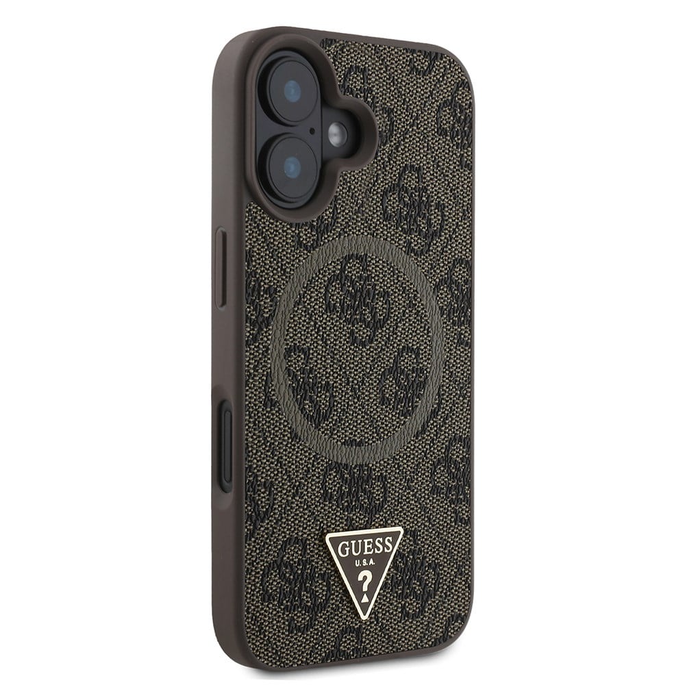 Apple iPhone 16 Kılıf Guess Orjinal Lisanslı M-safe Şarj Özellikli PU Üçgen Logo 4G Desenli Kapak