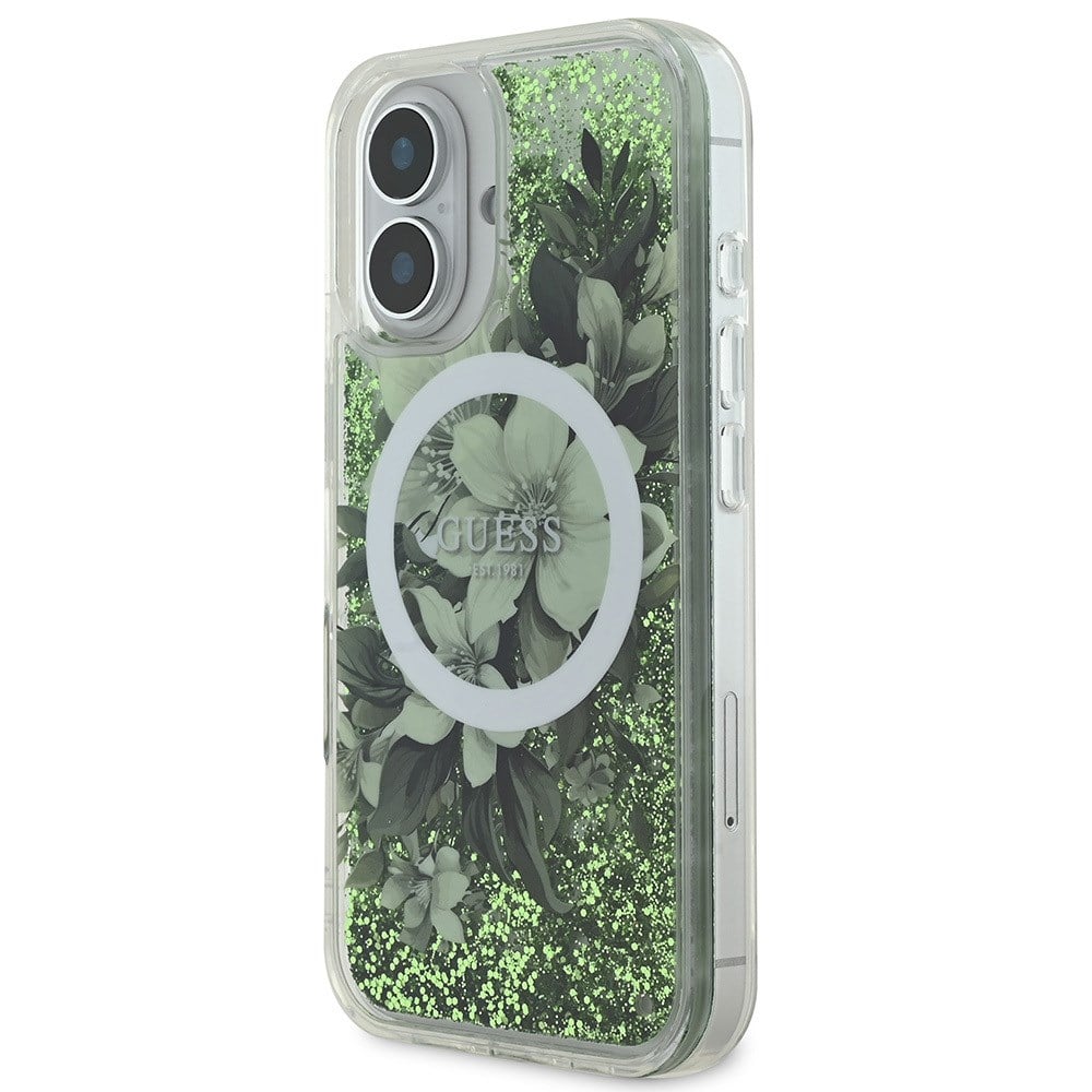 Apple iPhone 16 Kılıf Guess Orjinal Lisanslı M-safe Şarj Özellikli Sıvılı Simli Çiçek Desenli Kapak