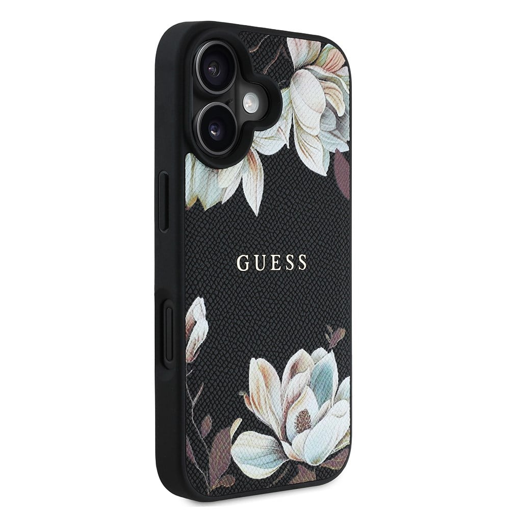 Apple iPhone 16 Kılıf Guess Orjinal Lisanslı M-safe Şarj Özellikli Taneli Çiçek Tasarımlı Metal Yazı Logolu Kapak