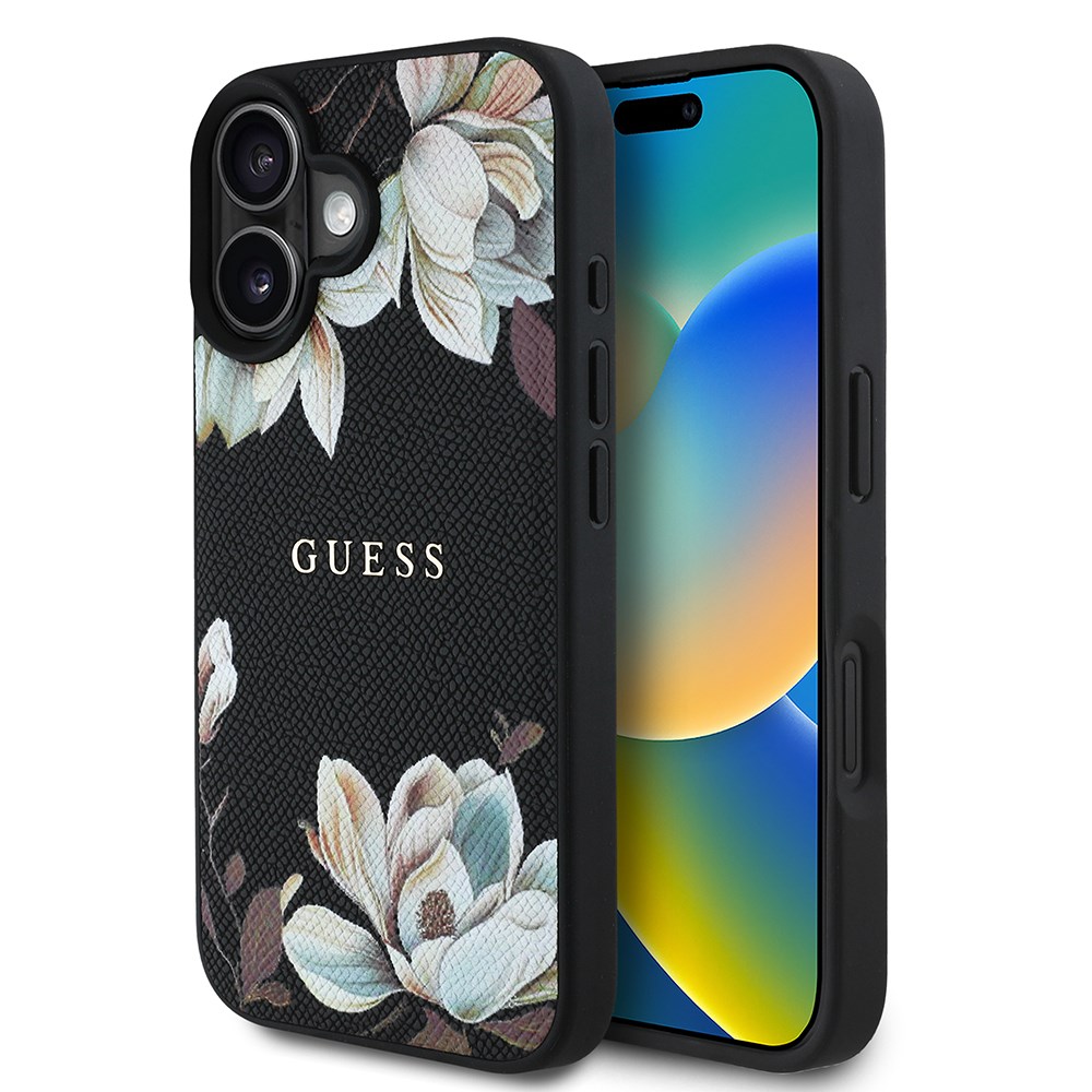 Apple iPhone 16 Kılıf Guess Orjinal Lisanslı M-safe Şarj Özellikli Taneli Çiçek Tasarımlı Metal Yazı Logolu Kapak