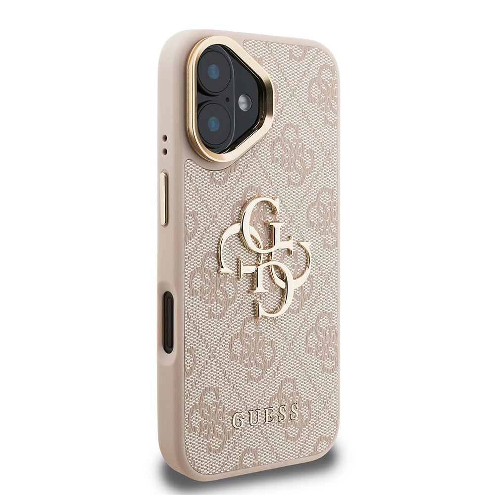 Apple iPhone 16 Kılıf Guess Orjinal Lisanslı PU Deri 4G Desenli Metal Büyük 4G ve Yazı Logolu Kamera Standlı Kapak