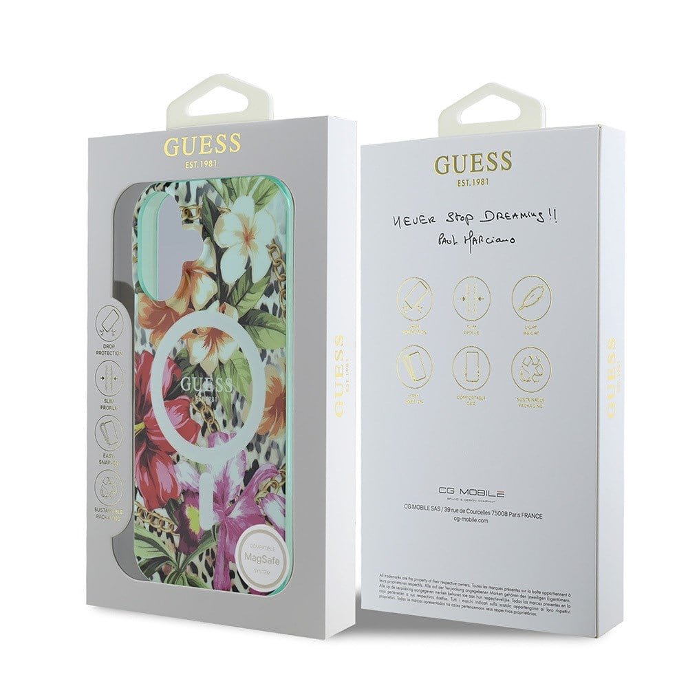 Apple iPhone 16 Kılıf Guess Orjinal Lisanslı M-safe Şarj Özellikli IML Baskılı Jungle Ring Kapak