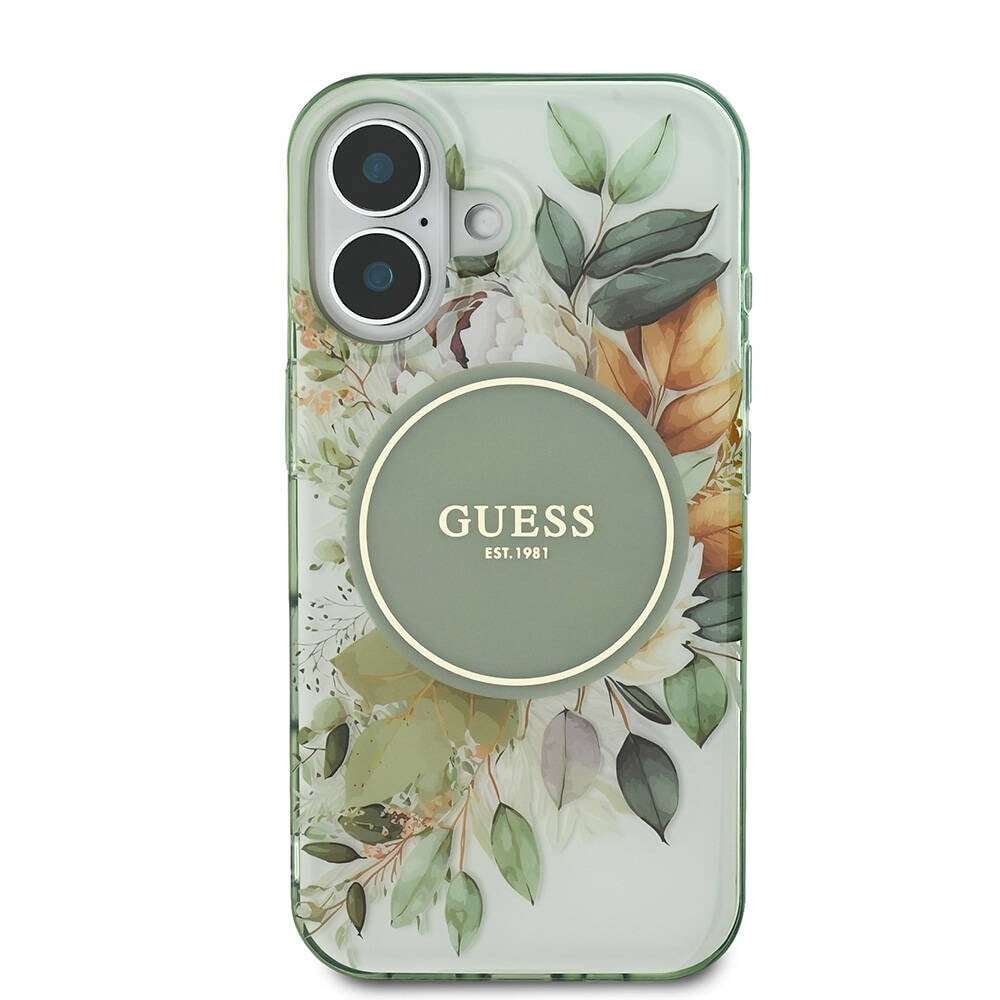 Apple iPhone 16 Kılıf Guess Orjinal Lisanslı M-safe Şarj Özellikli IML Baskılı Yazı Logolu Flower Tonal Circle Kapak