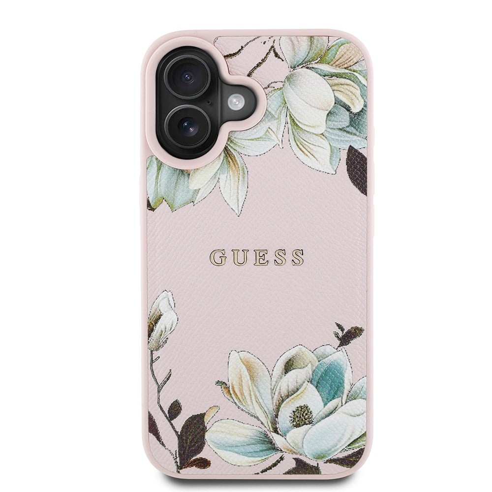 Apple iPhone 16 Kılıf Guess Orjinal Lisanslı M-safe Şarj Özellikli Taneli Çiçek Tasarımlı Metal Yazı Logolu Kapak