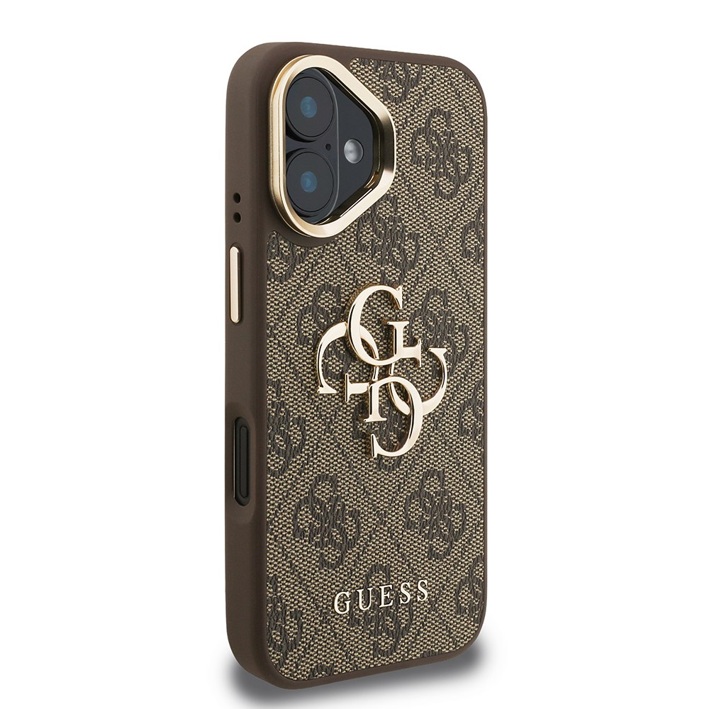 Apple iPhone 16 Kılıf Guess Orjinal Lisanslı PU Deri 4G Desenli Metal Büyük 4G ve Yazı Logolu Kamera Standlı Kapak
