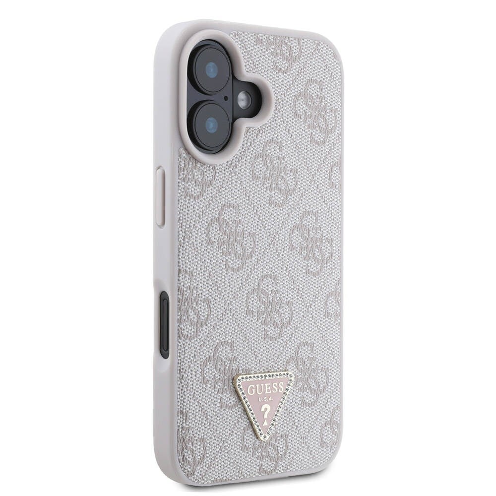 Apple iPhone 16 Kılıf Guess Orjinal Lisanslı M-safe Şarj Özellikli PU Deri 4G Desenli Taşlı Üçgen Logolu Kapak