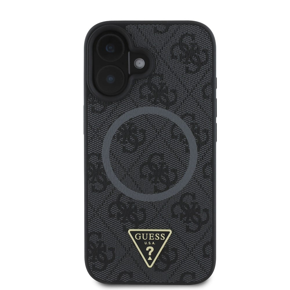 Apple iPhone 16 Kılıf Guess Orjinal Lisanslı M-safe Şarj Özellikli PU Üçgen Logo 4G Desenli Kapak
