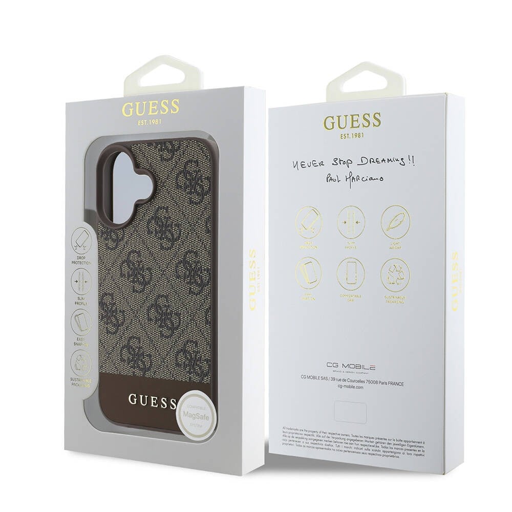 Apple iPhone 16 Kılıf Guess Orjinal Lisanslı M-safe Şarj Özellikli PU Deri Şerit Logo Dizaynlı Kapak