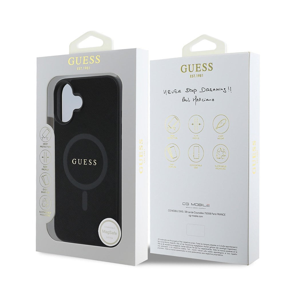 Apple iPhone 16 Kılıf Guess Orjinal Lisanslı M-safe Şarj Özellikli Yazı Logolu Saffiano Classic Kapak