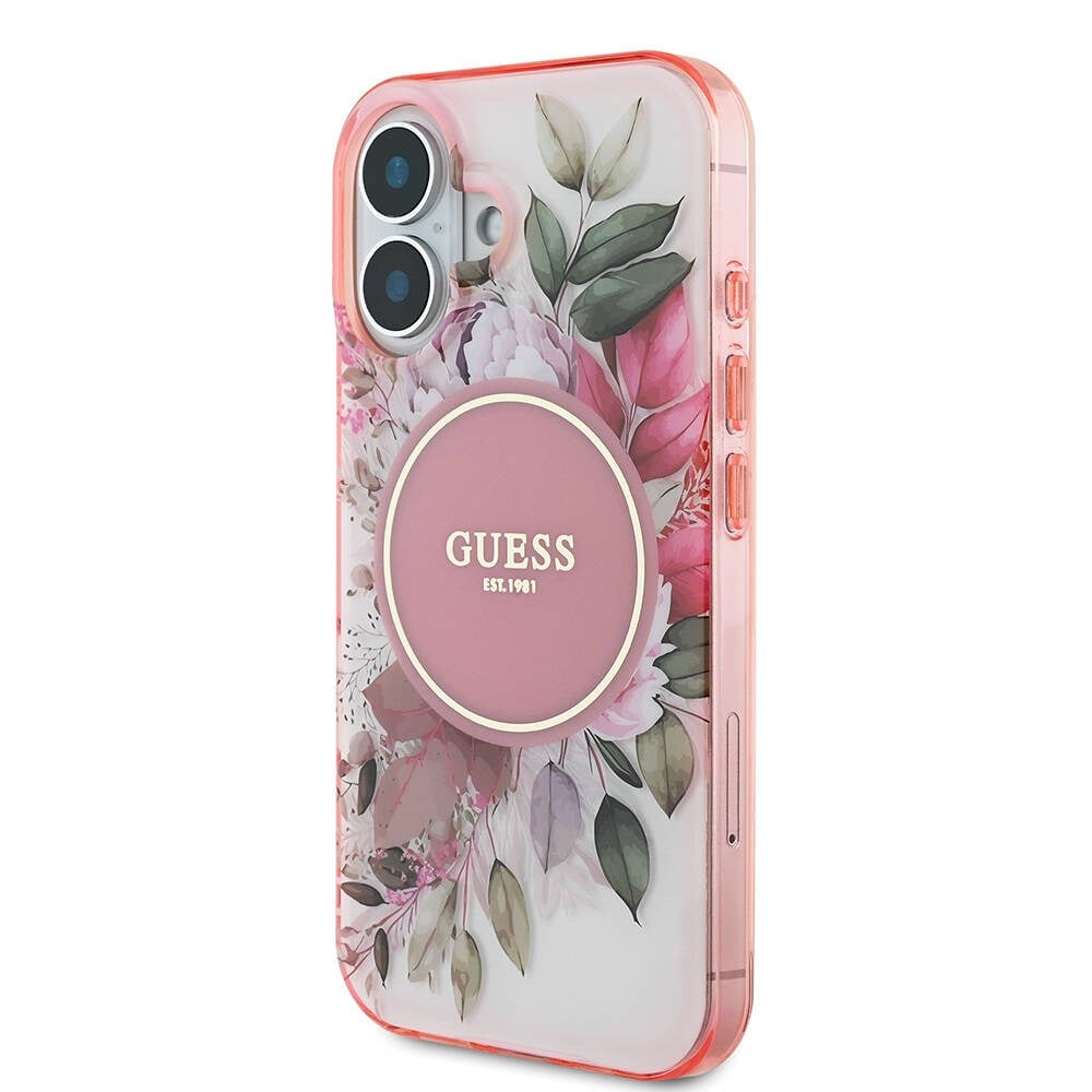 Apple iPhone 16 Kılıf Guess Orjinal Lisanslı M-safe Şarj Özellikli IML Baskılı Yazı Logolu Flower Tonal Circle Kapak