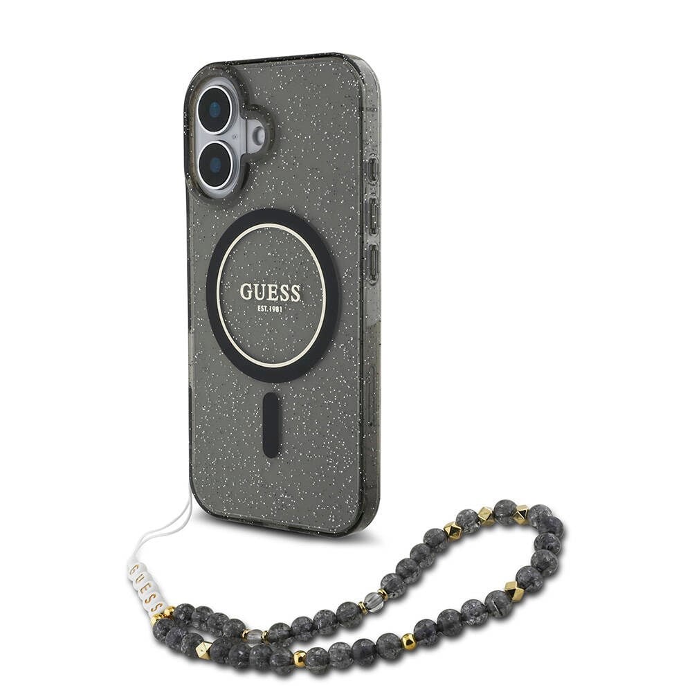 Apple iPhone 16 Kılıf Guess Orjinal Lisanslı M-safe Şarj Özellikli Simli Silikon İnci Bileklikli Kapak