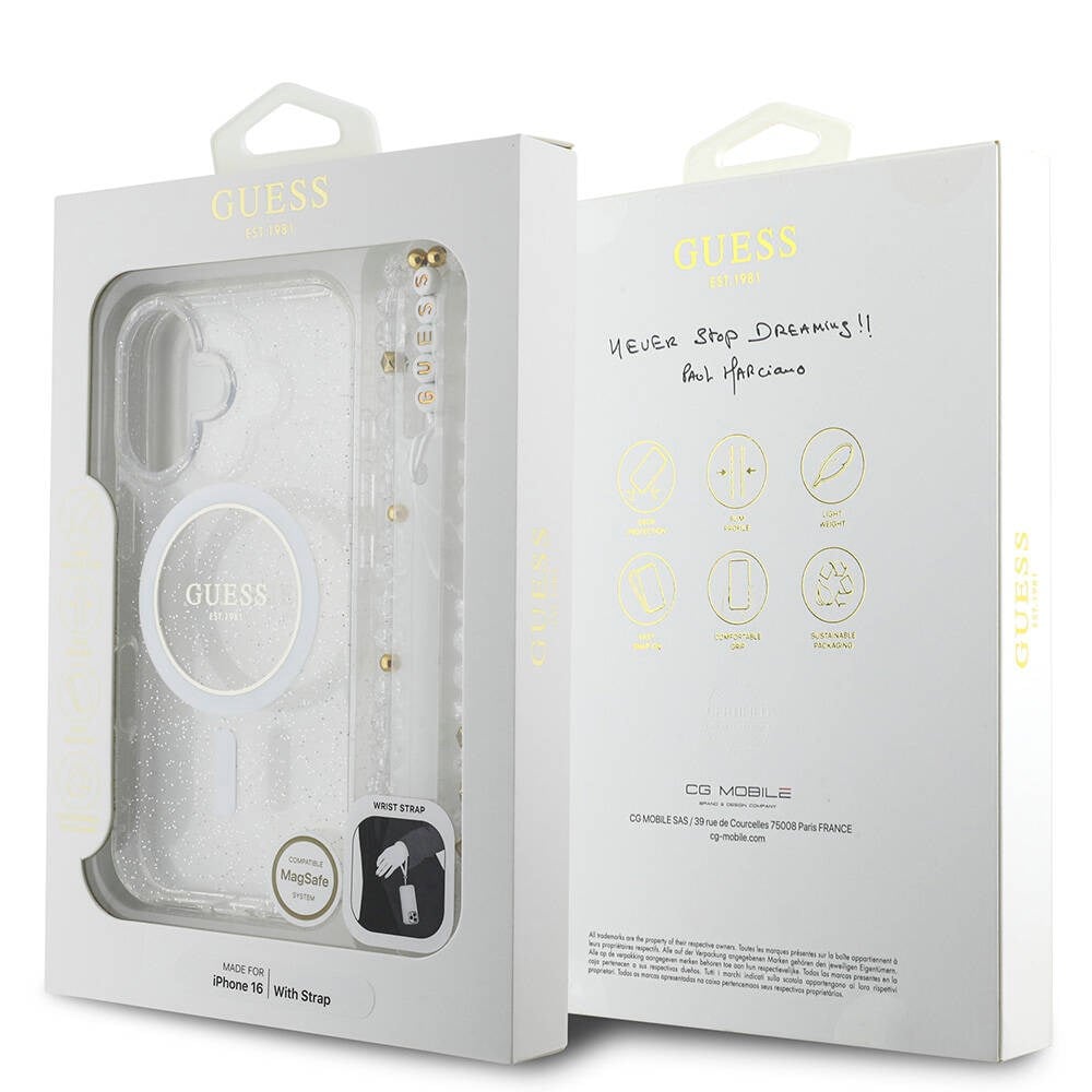 Apple iPhone 16 Kılıf Guess Orjinal Lisanslı M-safe Şarj Özellikli Simli Silikon İnci Bileklikli Kapak