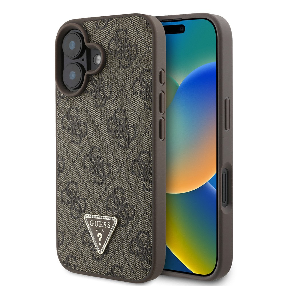 Apple iPhone 16 Kılıf Guess Orjinal Lisanslı PU Deri Taşlı Üçgen Logo 4G Desenli Strass Kapak