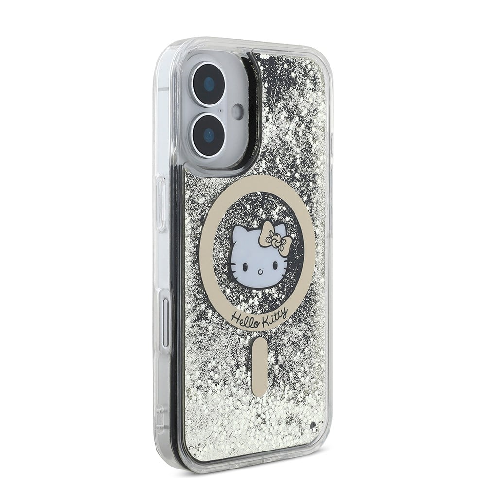 Apple iPhone 16 Kılıf Hello Kitty Orjinal Lisanslı M-safe Şarj Özellikli IML Baskı Kitty Head Logolu Sıvılı Simli Altın Ateşi Kapak