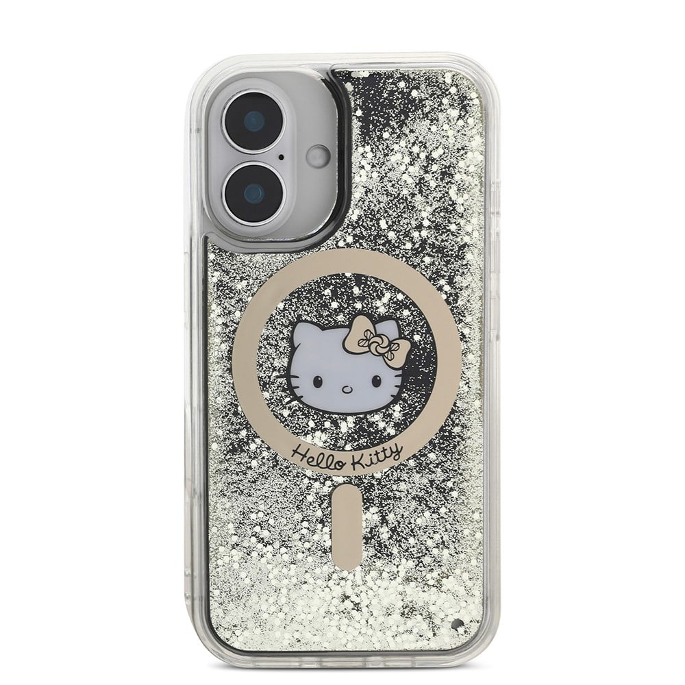 Apple iPhone 16 Kılıf Hello Kitty Orjinal Lisanslı M-safe Şarj Özellikli IML Baskı Kitty Head Logolu Sıvılı Simli Altın Ateşi Kapak
