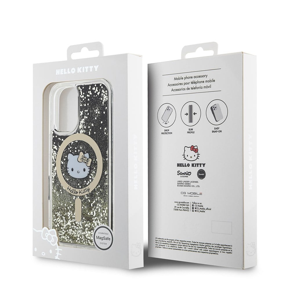 Apple iPhone 16 Kılıf Hello Kitty Orjinal Lisanslı M-safe Şarj Özellikli IML Baskı Kitty Head Logolu Sıvılı Simli Altın Ateşi Kapak
