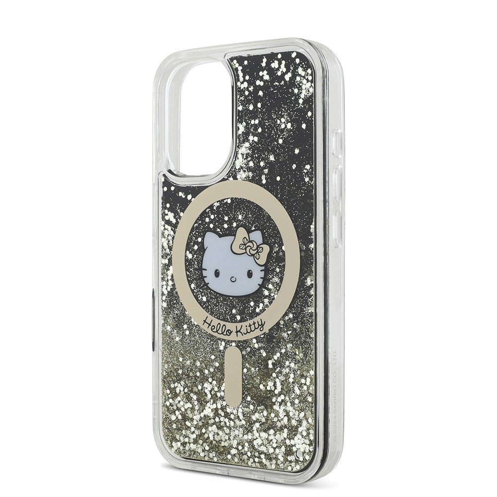 Apple iPhone 16 Kılıf Hello Kitty Orjinal Lisanslı M-safe Şarj Özellikli IML Baskı Kitty Head Logolu Sıvılı Simli Altın Ateşi Kapak