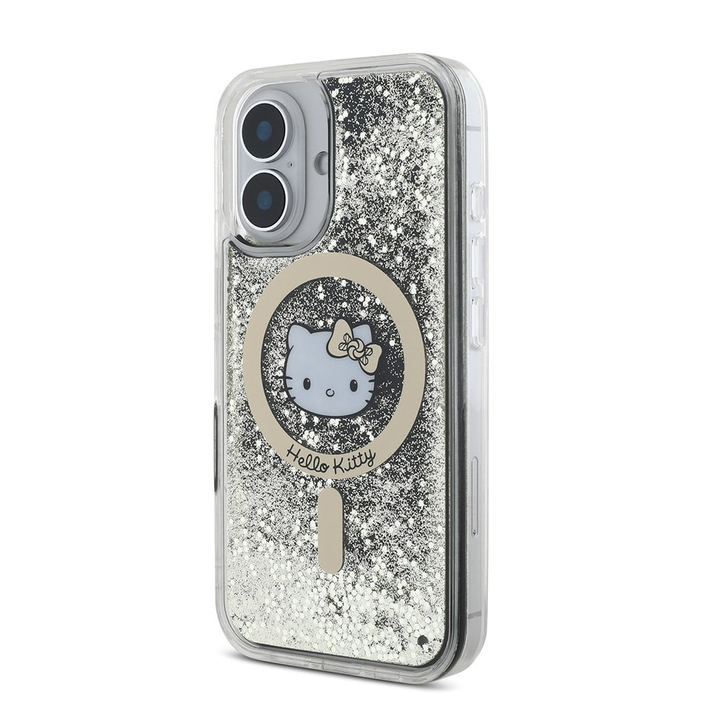 Apple iPhone 16 Kılıf Hello Kitty Orjinal Lisanslı M-safe Şarj Özellikli IML Baskı Kitty Head Logolu Sıvılı Simli Altın Ateşi Kapak