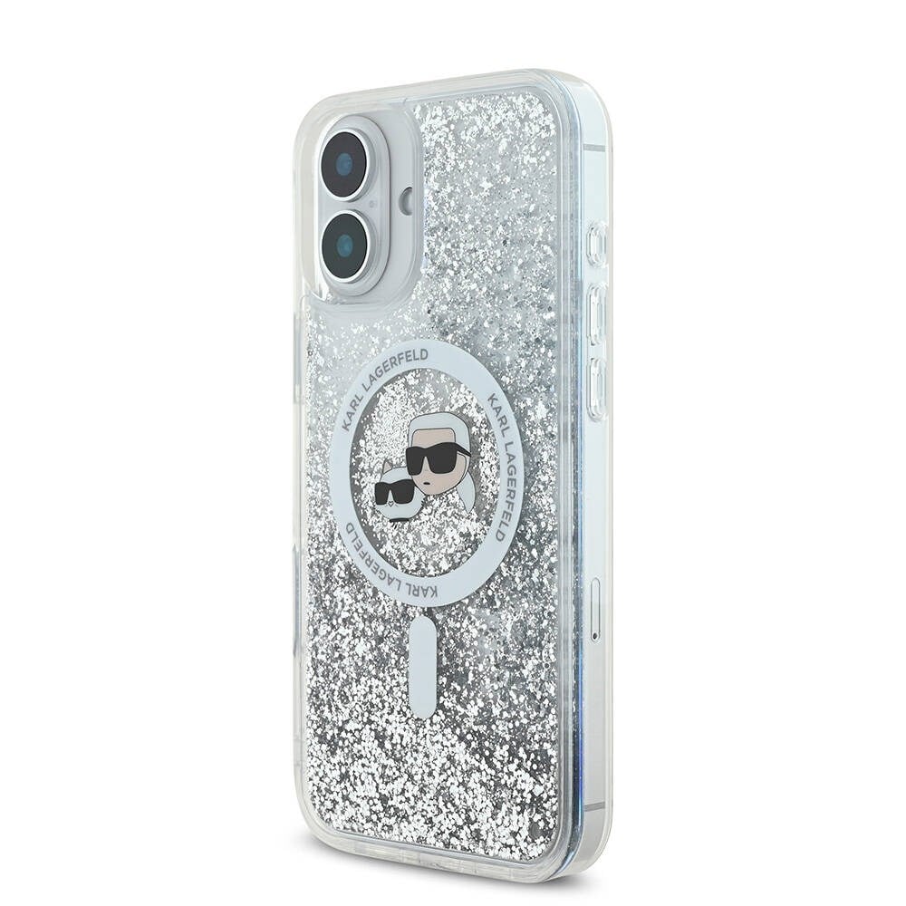 Apple iPhone 16 Kılıf Karl Lagerfeld Orjinal Lisanslı M-safe Şarj Özellikli Sıvılı Simli K&C Heads Kapak