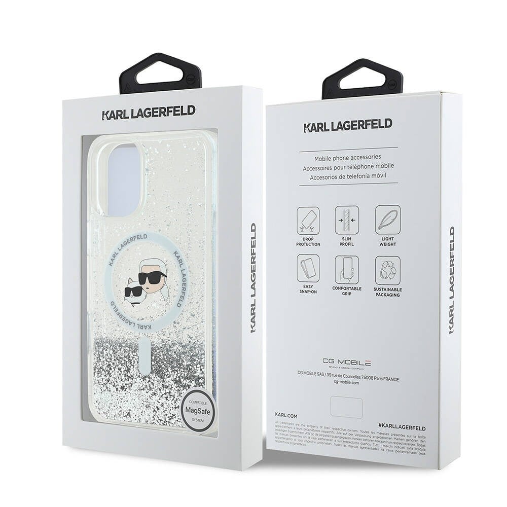 Apple iPhone 16 Kılıf Karl Lagerfeld Orjinal Lisanslı M-safe Şarj Özellikli Sıvılı Simli K&C Heads Kapak