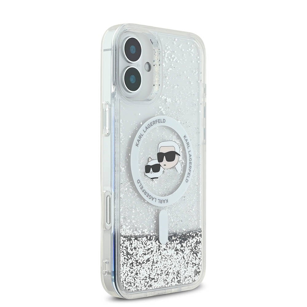 Apple iPhone 16 Kılıf Karl Lagerfeld Orjinal Lisanslı M-safe Şarj Özellikli Sıvılı Simli K&C Heads Kapak