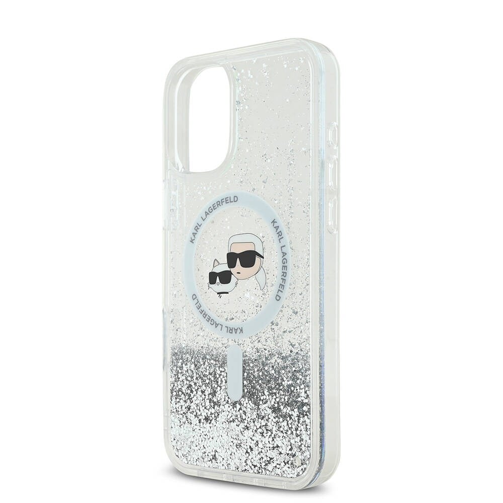 Apple iPhone 16 Kılıf Karl Lagerfeld Orjinal Lisanslı M-safe Şarj Özellikli Sıvılı Simli K&C Heads Kapak