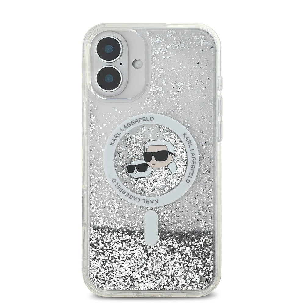 Apple iPhone 16 Kılıf Karl Lagerfeld Orjinal Lisanslı M-safe Şarj Özellikli Sıvılı Simli K&C Heads Kapak