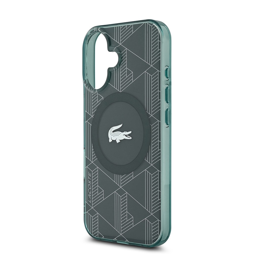 Apple iPhone 16 Kılıf Lacoste Orjinal Lisanslı M-safe Şarj Özellikli IML Baskılı Gümüş Timsah Logolu Monogram Kapak