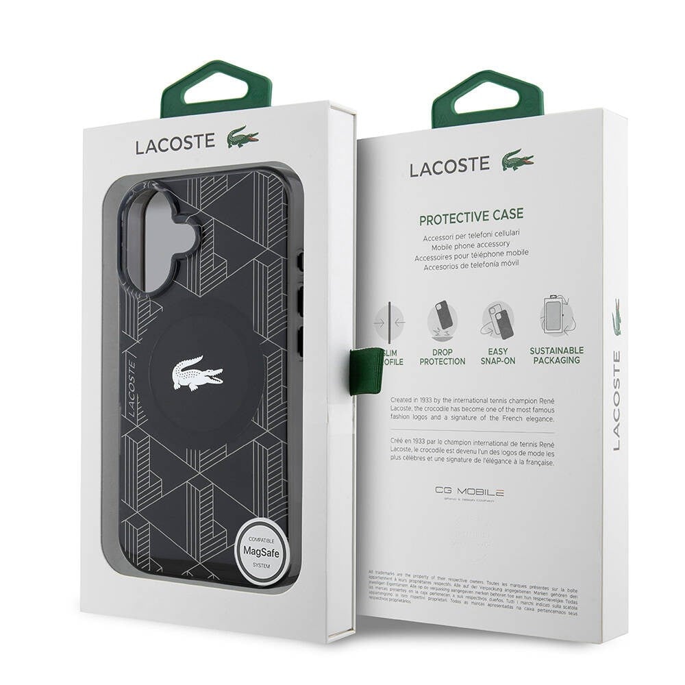 Apple iPhone 16 Kılıf Lacoste Orjinal Lisanslı M-safe Şarj Özellikli IML Baskılı Gümüş Timsah Logolu Monogram Kapak