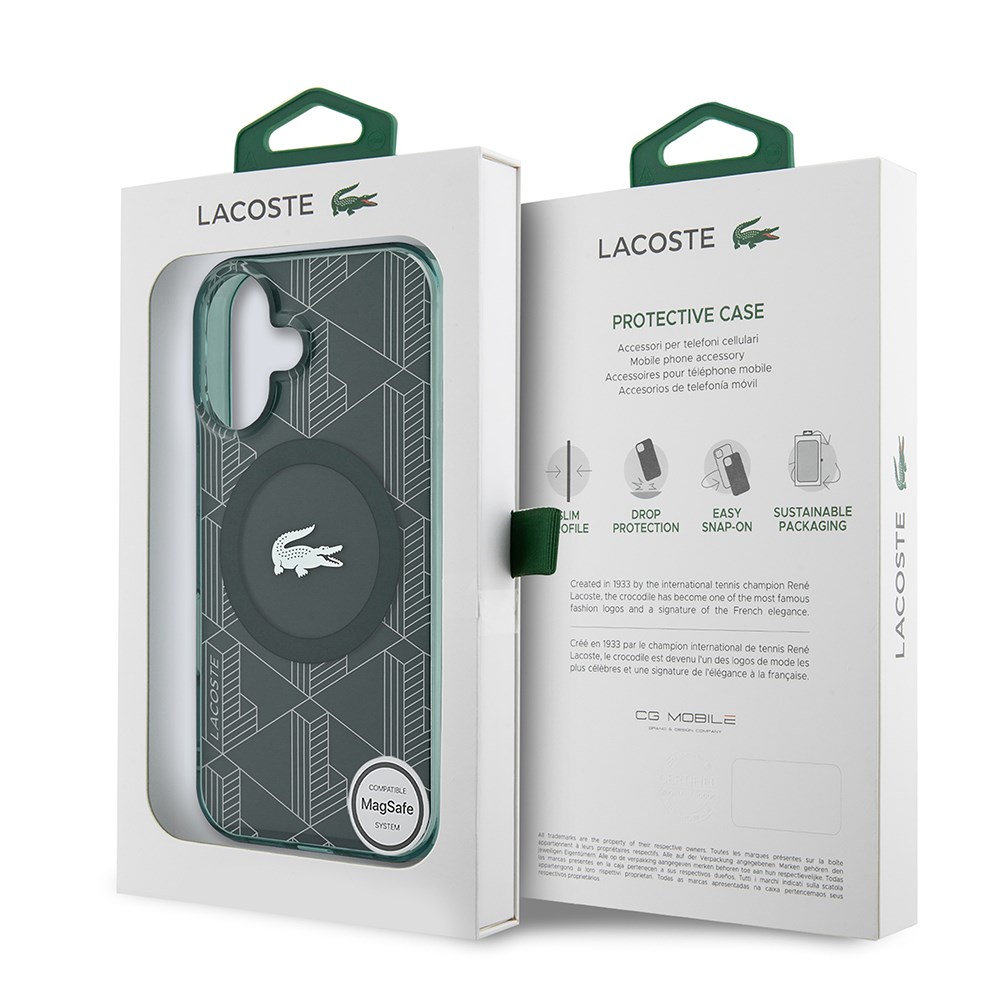 Apple iPhone 16 Kılıf Lacoste Orjinal Lisanslı M-safe Şarj Özellikli IML Baskılı Gümüş Timsah Logolu Monogram Kapak