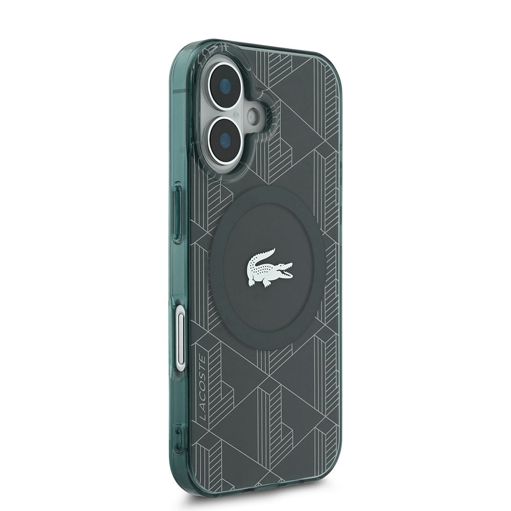 Apple iPhone 16 Kılıf Lacoste Orjinal Lisanslı M-safe Şarj Özellikli IML Baskılı Gümüş Timsah Logolu Monogram Kapak