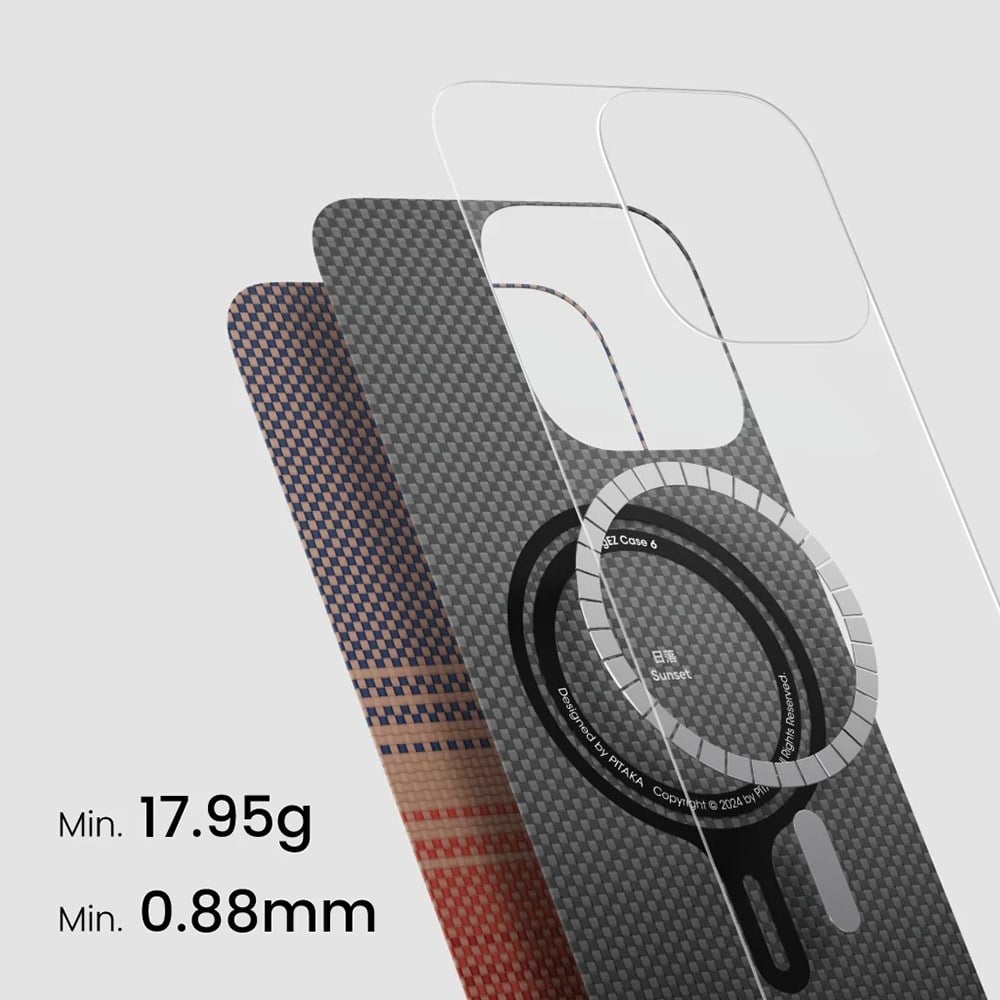 Apple iPhone 16 Kılıf M-safe Şarj Özellikli Aramid Fiber Pitaka Tactile Woven Sunset-Moonrise Serisi Sunset Kapak