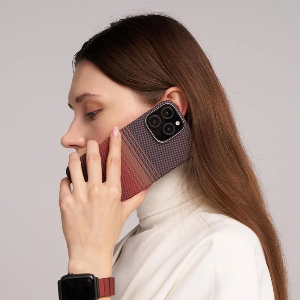 Apple iPhone 16 Kılıf M-safe Şarj Özellikli Aramid Fiber Pitaka Tactile Woven Sunset-Moonrise Serisi Sunset Kapak