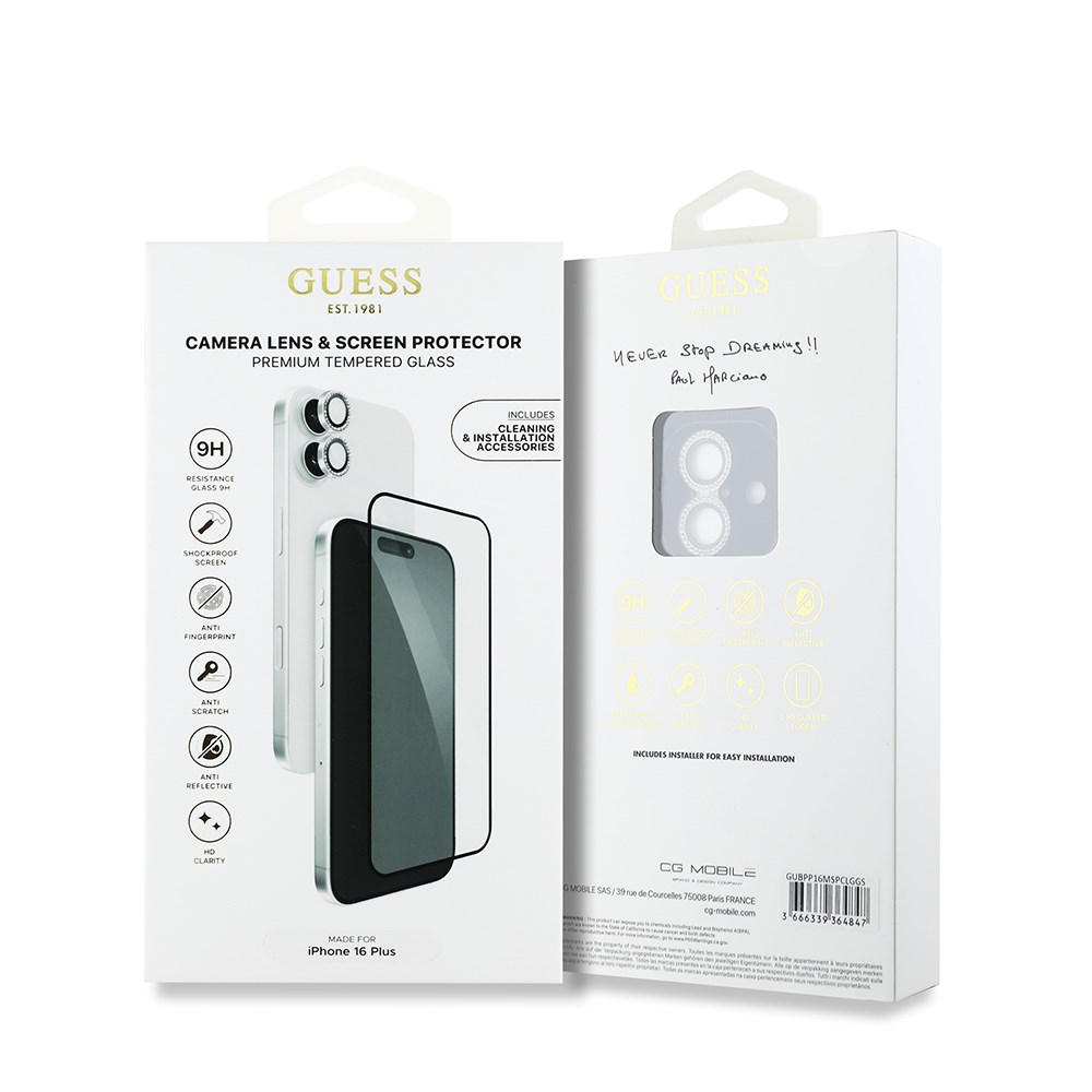 Apple iPhone 16 Plus Guess Orjinal Lisanslı Rhinestone Ekran Koruyucu + Lens Koruyucu 2in1 Aksesuar Seti
