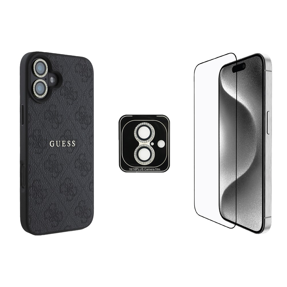 Apple iPhone 16 Plus Guess Orjinal Lisanslı Kılıf + Ekran Koruyucu + Lens Koruyucu 3in1 Aksesuar Seti