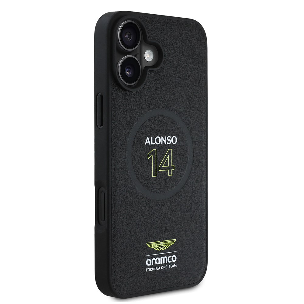 Apple iPhone 16 Plus Kılıf Aston Martin Orjinal Lisanslı M-safe Şarj Özellikli PU Deri Alonso 14 Baskılı Kapak