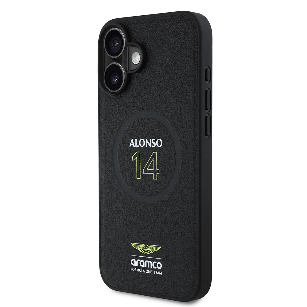 Apple iPhone 16 Plus Kılıf Aston Martin Orjinal Lisanslı M-safe Şarj Özellikli PU Deri Alonso 14 Baskılı Kapak