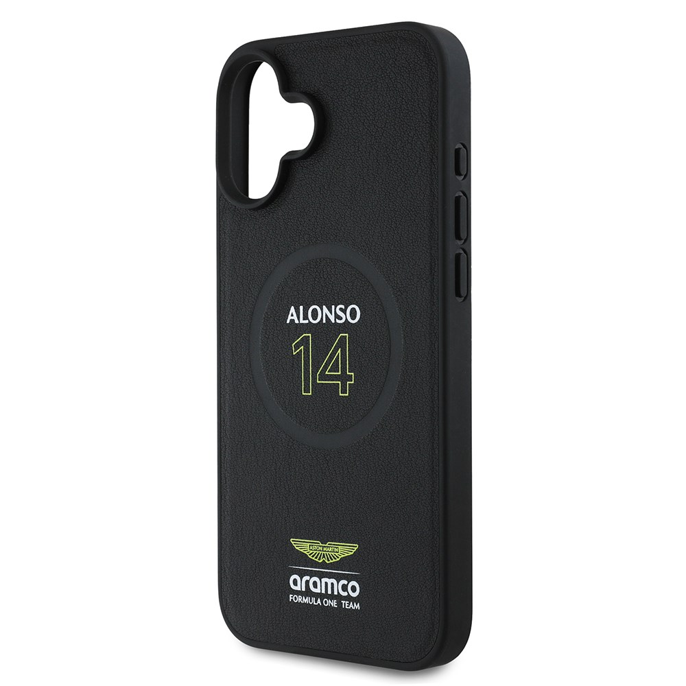 Apple iPhone 16 Plus Kılıf Aston Martin Orjinal Lisanslı M-safe Şarj Özellikli PU Deri Alonso 14 Baskılı Kapak