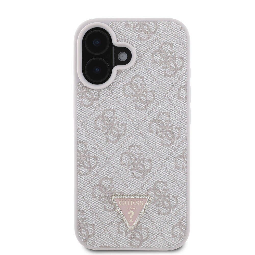 Apple iPhone 16 Plus Kılıf Guess Orjinal Lisanslı M-safe Şarj Özellikli PU Deri 4G Desenli Taşlı Üçgen Logolu Kapak