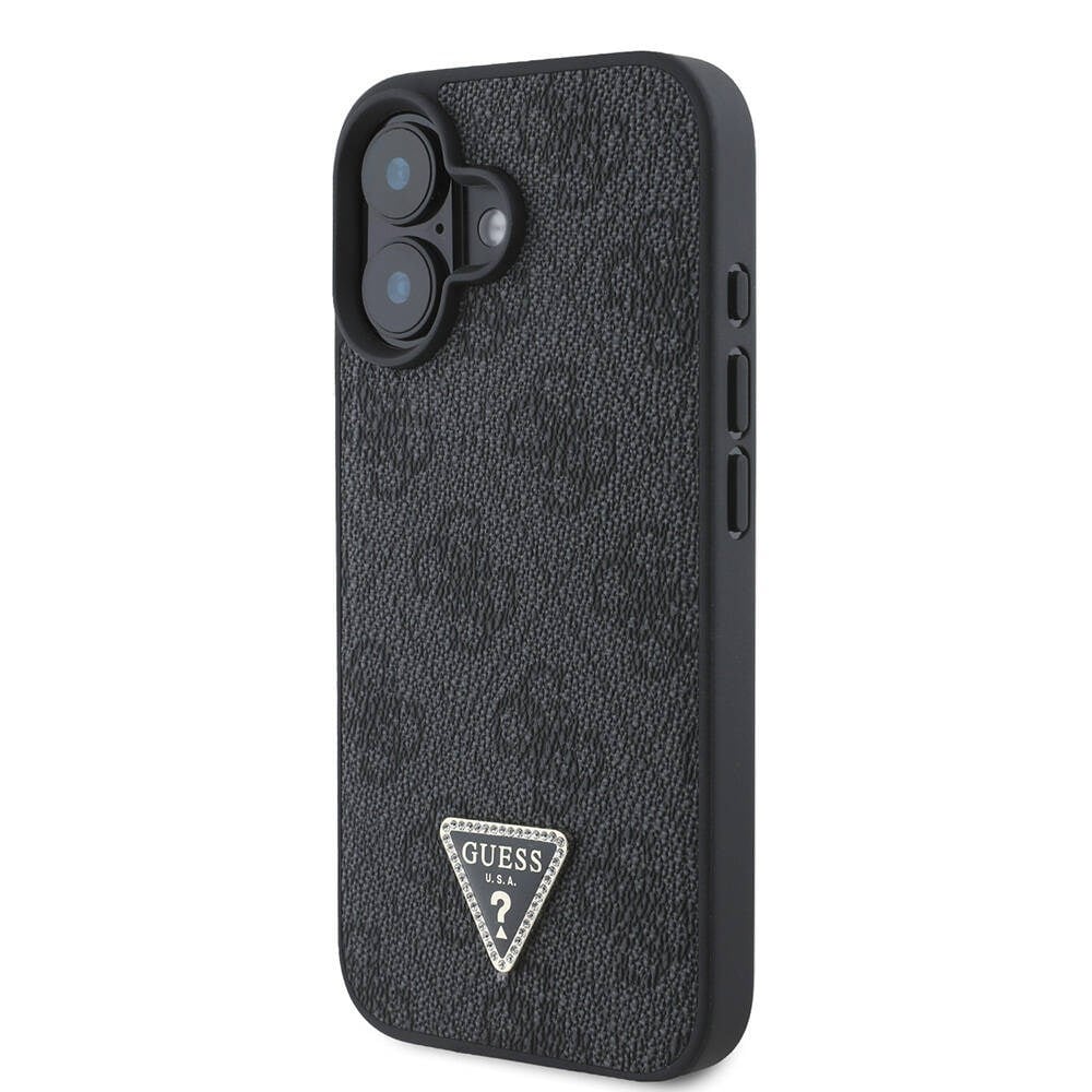 Apple iPhone 16 Plus Kılıf Guess Orjinal Lisanslı M-safe Şarj Özellikli PU Deri 4G Desenli Taşlı Üçgen Logolu Kapak
