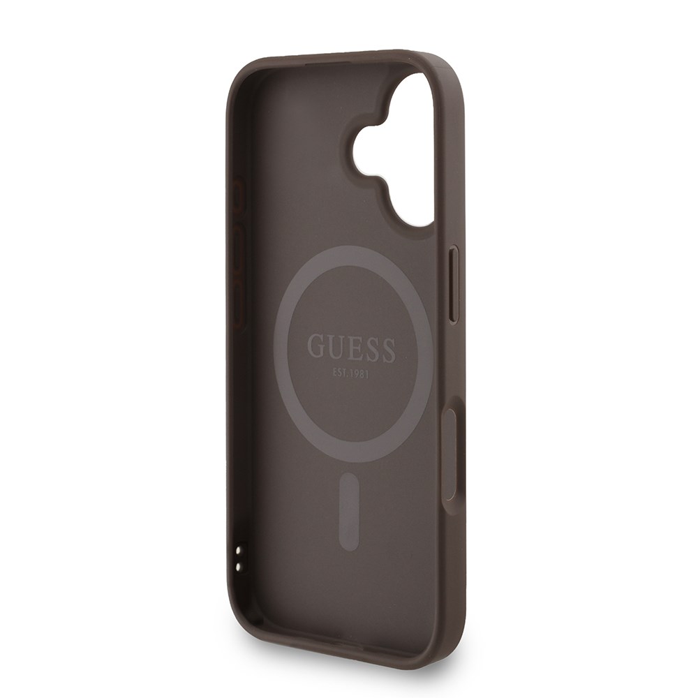 Apple iPhone 16 Plus Kılıf Guess Orjinal Lisanslı M-safe Şarj Özellikli PU Deri Bilek Askı İpli Yazı Logolu Kapak