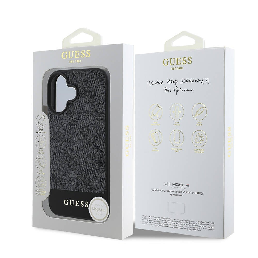 Apple iPhone 16 Plus Kılıf Guess Orjinal Lisanslı M-safe Şarj Özellikli PU Deri Şerit Logo Dizaynlı Kapak